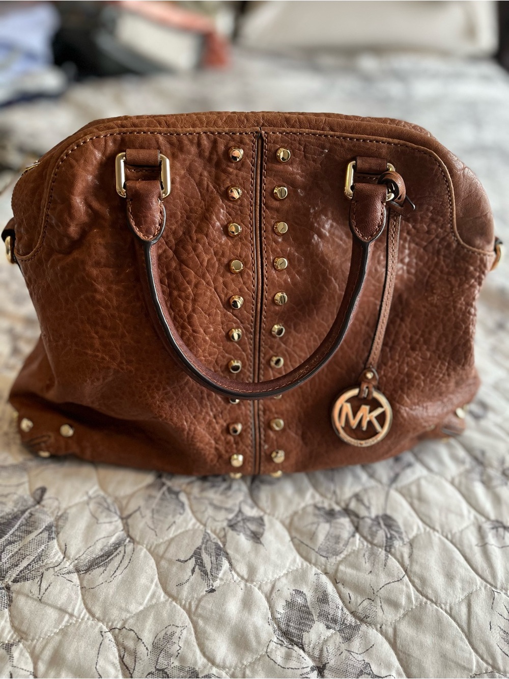 Michael Kors Chestnut Brown Leather Studded Satchel with MK Charm